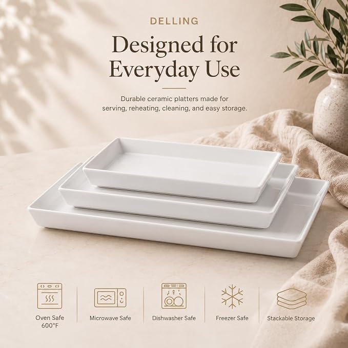 Delling Large Serving Platter, 16/14/12 Inch Rectangular Serving Trays for Serving Food, Serving Tray for Party - Set of 3, White