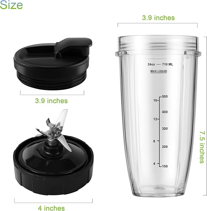 MEET JUICE 7-Fin Blender Replacement Parts for Ninja BL480 BL640 BL642 – 24oz Cup with Lid and Blade, Fits 7-Fin Drive Systems Only