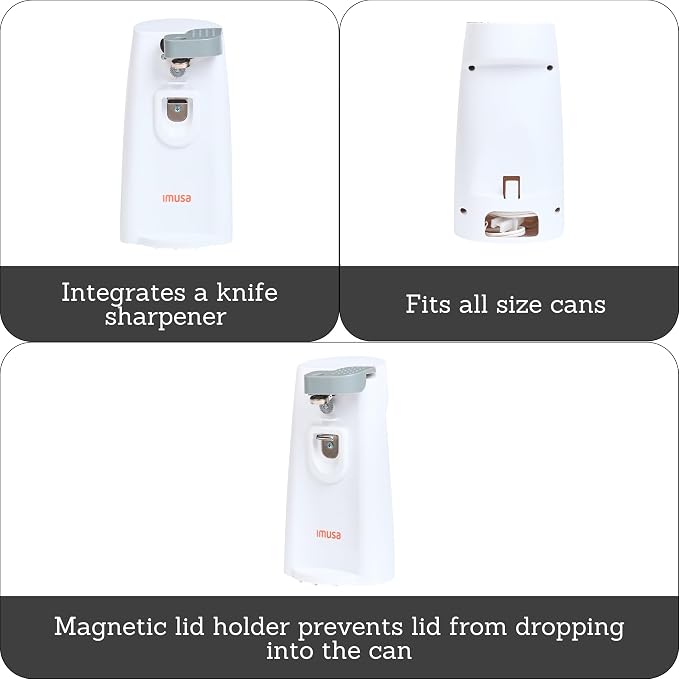 IMUSA White Electric Can Opener with Knife Sharpener & Bottle Opener