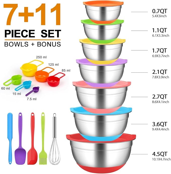 Mixing Bowls with Airtight Lids, 18pcs Stainless Steel Mixing Bowls Set | Nesting Non-slip Silicone Bowls Bottom, Size 4.5, 3.6, 2.7, 2.1, 1.7, 1.1, 0.7 qt, Fit for Mixing & Serving(Colorful )