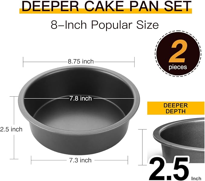 Round Cake Pan Set for Baking, 8 Inch, Nonstick Deeper Circle Cake Pans with Wider Grips, 2 Pieces Layer Cake Tin, Cheesecake Mold, Huty Duty, Dishwasher Safe - Grey