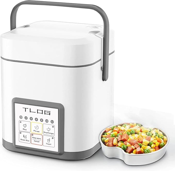 TLOG Mini Rice Cooker, 1.2L with Ceramic-Coated Pot, 2.5-Cup Uncooked | Food steamer, 12-hour delay timer, compact size for 1-2 people, for rice, grains, oatmeal, dorm rooms and travel