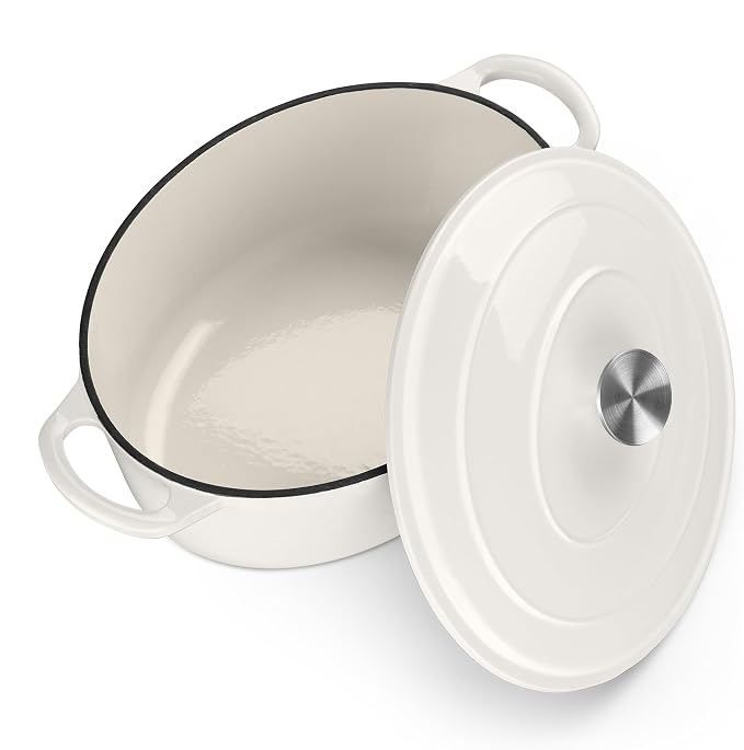 TeamFar Oval Dutch Oven, 5qt Enameled Cast Iron Dutch Oven Pot with Lid | For Bread Baking/Stewing/Braising/Frying, Suitable for Various Stoves, Non-stick & Easy Clean, White
