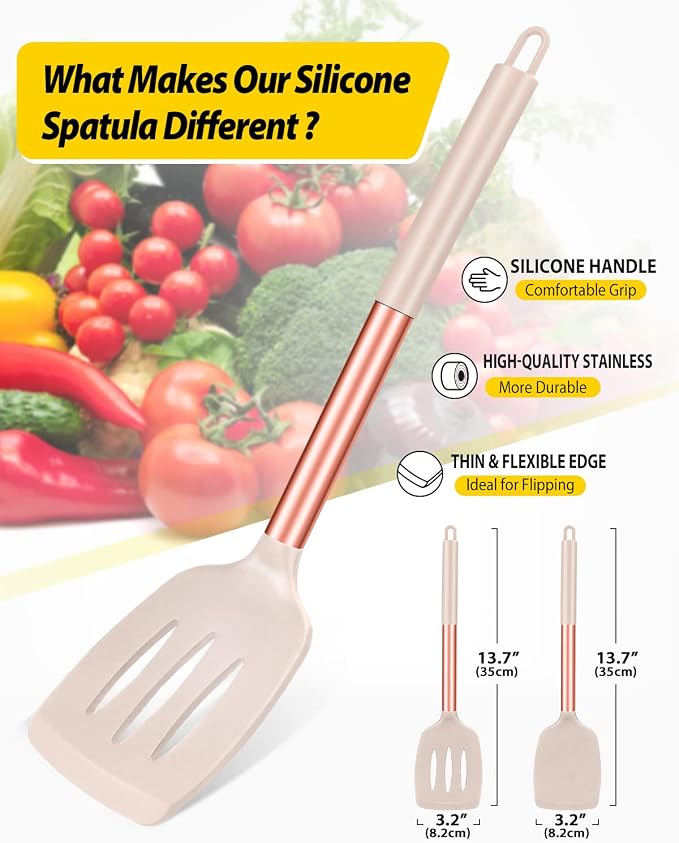 Pack of 2 Silicone Solid Turner, Non Stick Slotted Kitchen Spatulas, High Heat Resistant BPA Free Cooking Utensils, Ideal Cookware for Fish, Eggs, Pancakes(Rose Gold Khaki)