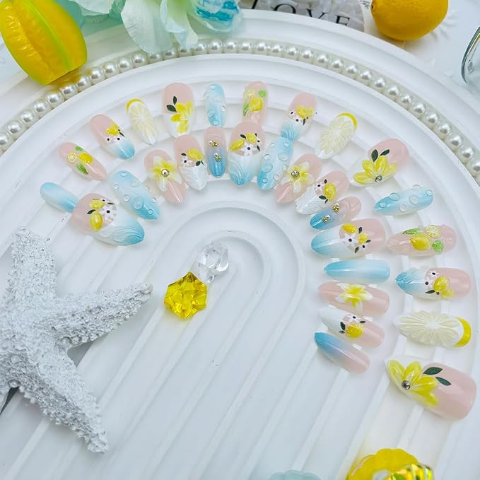 30Pcs Summer Press on Nails Medium Almond Fake Nails 3D Lemon Yellow Flower & Water Drop Designs Pink Blue Gradient French Tip Glue on Nails Reusable Acrylic Nails for Women Beach Vacation Daily Wear