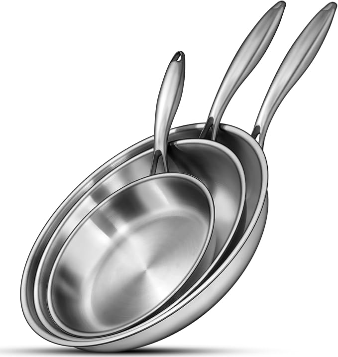 EWFEN Tri-Ply Stainless Steel Frying Pans Set, 8”/10”/12” Cooking pans, PFOA&PTFE Free Skillet, Induction Cooking Pan, Dishwasher and Oven Safe, Fast & Even Heat, Heavy Duty and Detachable Handle
