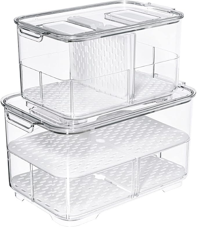 SANNO Vegetable Fruit Containers Fridge Food Storage Produce Saver Container Stackable Refrigerator Freezer Organizer Fresh Keeper Drawers Organizer set of 2