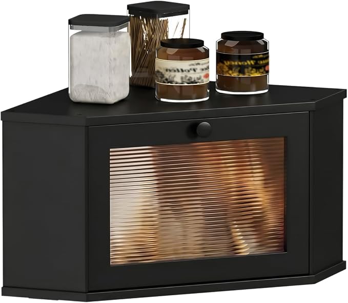 Corner Bread Box For Kitchen Countertop,Bread Storage Bin (Black, Medium) | Small Bamboo Bread Container,Corner Shelf For Kitchen Decor