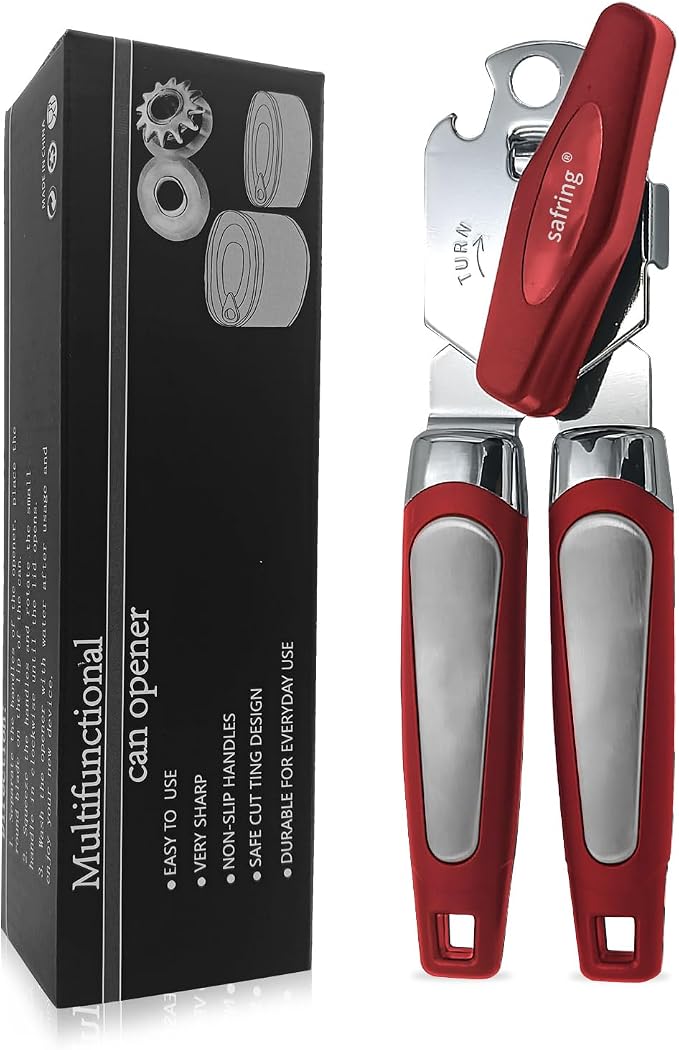 Safring Can Opener Manual, Handheld Strong Heavy Duty Stainless Steel Can Opener, Comfortable Handle, Sharp Blade Smooth Edge, Can Openers with Multifunctional Bottle Opener, Red