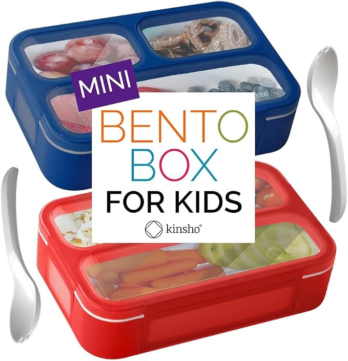 kinsho Small Snack Containers for Kids Toddlers, Set of 2 (Red + Navy Blue) | 3 Compartments, Leak-Proof, Spill Proof, BPA-Free Reusable Small Mini Bento Lunch Box for Daycare School Travel, Holds 2 Cups
