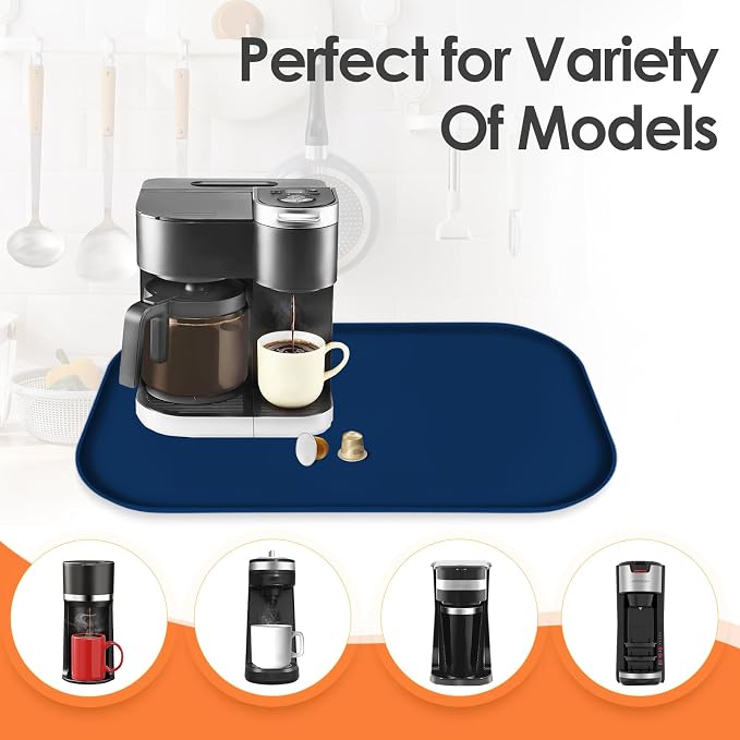 Silicone Coffee Maker Mat with Lip for Countertops, 24'' x 16'' Navy Blue | Multi leak-proof coffee tray for countertop, non-slip silicone mat fits most coffee makers & espresso machines, wipe-clean