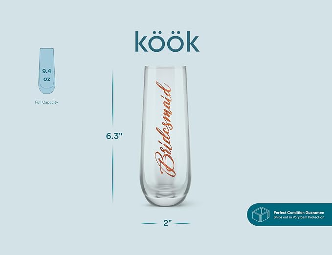 Bridesmaid Wine Glasses, Kook Bachelorette Party Champagne Glasses, 9.4 Oz (Bridal Set of 8), Stemless Glass Champagne Flutes, Cocktail Cups for Rose, Great for Weddings and Parties, Dishwasher Safe