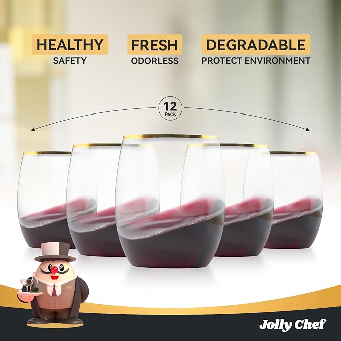 JOLLY CHEF 32 Pack 12 oz Champagne Flutes Gold Stemless Toasting Glasses | Plastic Wine Cups | Crystal | Shatterproof | Heavy Duty | Disposable | Unbreakable Drinkware for Wedding Party Thanskgiving