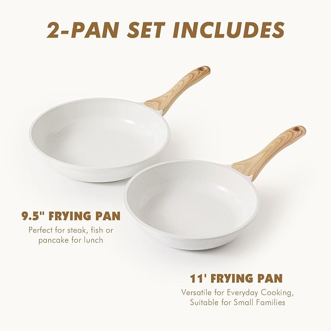 SENSARTE Ceramic Nonstick Frying Pan Skillets, White (9.5+11 Inch) | Healthy ceramic nontoxic coating, PTFE & PFAS free. Compatible with all stoves including induction cooktops. Easy to clean.