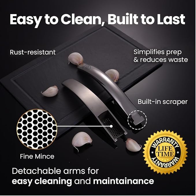 Gourmet Easy Lifetime Replacement Garlic Press, No Need to Peel, Fine Mince | Detachable Design for Easy Cleaning, Ergonomic Handle for Effortless Press, Stainless Steel Rust-Resistant, Dishwasher Safe