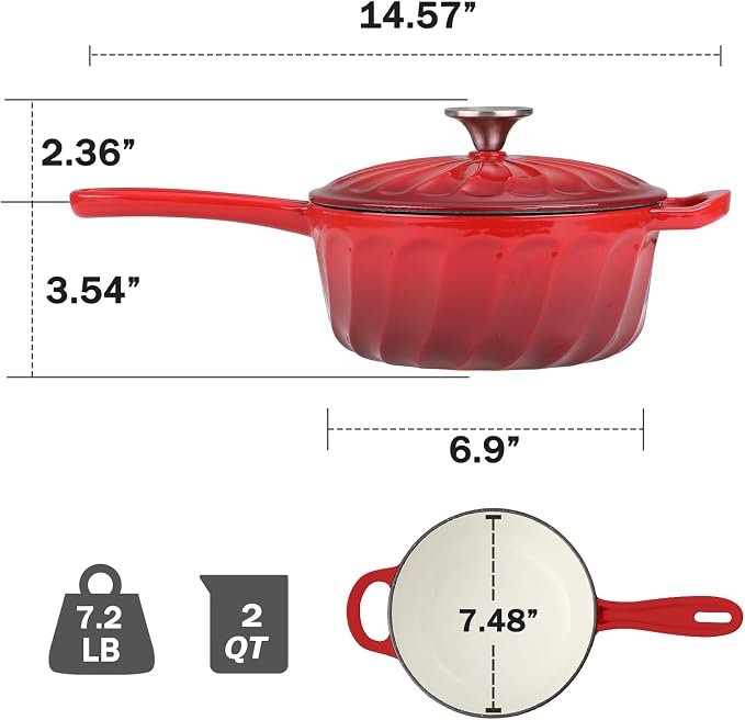 Enameled Cast Iron Sauce Pan with Lid, 2 Quart Saucepan with Lid | Dutch Oven with Lid, Small Cast Iron Pot for Cooking Pasta, Soup, Milk, Induction & Oven Safe Up to 500°F, Red