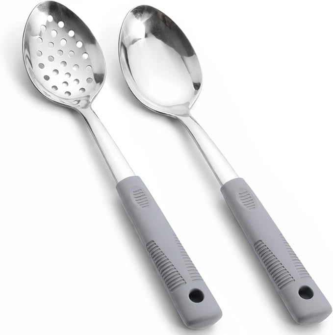 Serving Spoon Set with Silicone Handles,2-Piece spoon | Stainless Steel Serving Spoon, Slotted Spoon & Soup Ladle Set for Buffet and Home Kitchen