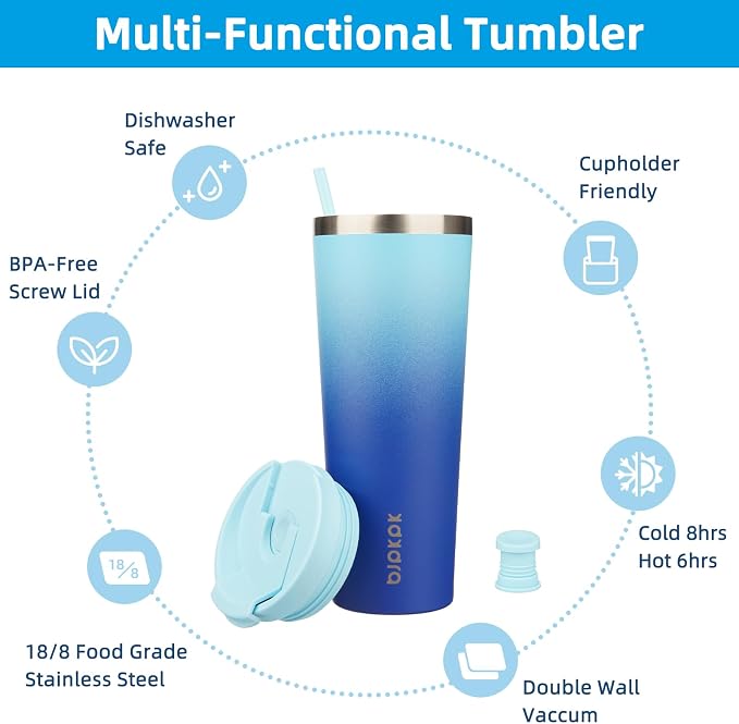 BJPKPK 26 oz Coffee Tumbler with Straw, Insulated Stainless Steel Cup | Double Wall Vacuum, Leak Proof Lid, Keeps Hot/Cold/Iced, BPA Free, Dishwasher Safe, Travel & Outdoor, Sky