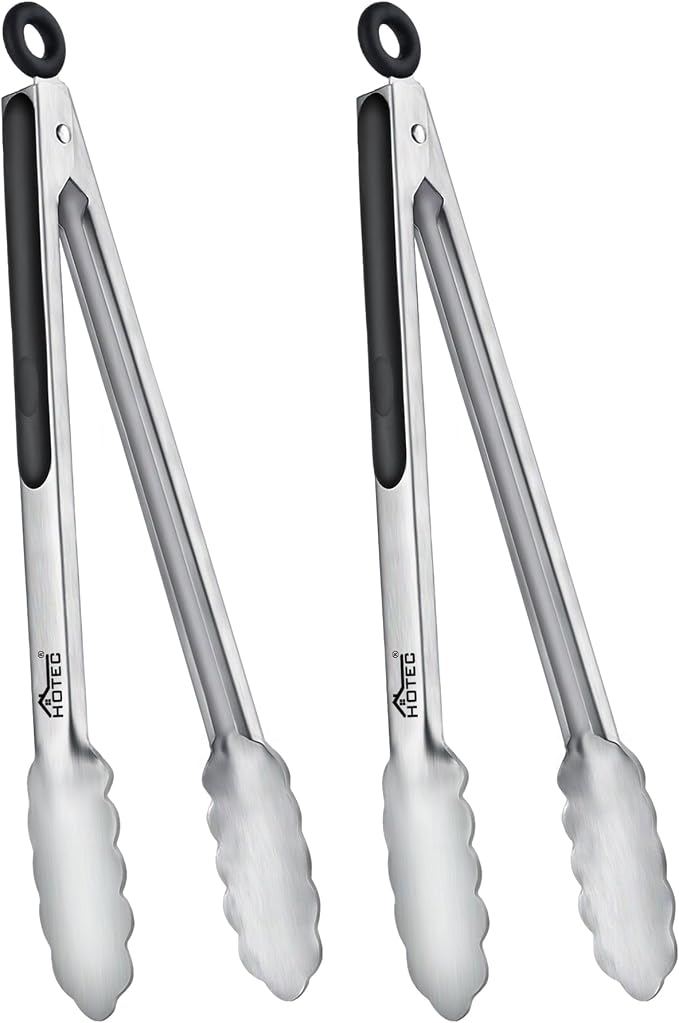 Hotec Stainless Steel Kitchen Tongs, Locking Metal Food Tongs for Cooking, Serving, BBQ, Grill & Air Fryer with Non-Slip Grip, Set of 2-12"