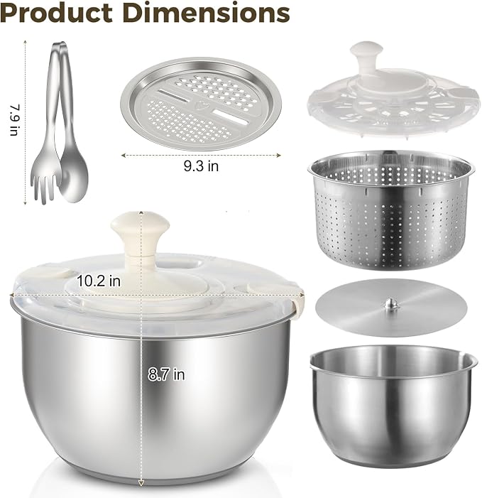 6L Stainless Steel Salad Spinner Set with Grater and Food Clip | Metal Salad Spinner, Fruit Vegetable Dryer with Built-in Drain Spout for Dehydrating Fruit and Vegetable, Pasta