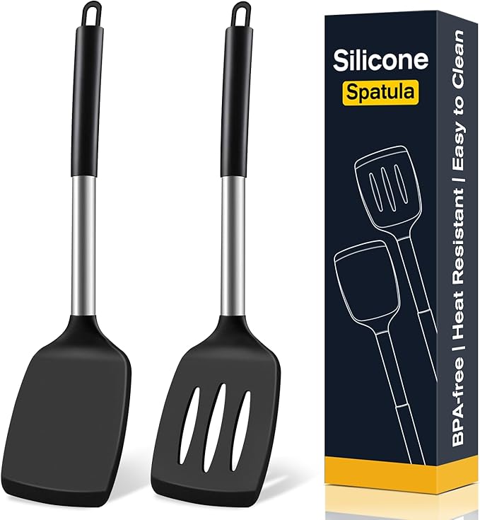 2 Pack Silicone Spatula Set, Solid & Slotted Turner for Non-Stick Pans, High Heat Resistant Silicone Spatula for Cooking, BPA-Free Stainless Steel Cooking Utensils for Fish, Eggs, Pancakes, Black