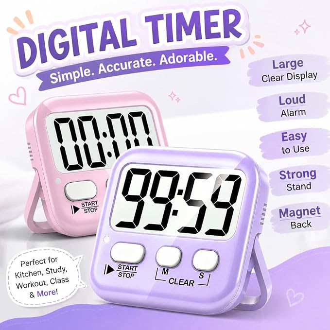 2 Pack Digital Timer for Kids Classroom Kitchen Timers for Cooking | w/ Battery, Easy to View, Alarm, Mute Mode, Count Down/Up, Magnetic, Kickstand, Hanging, Classroom Timer for Teacher Supplies