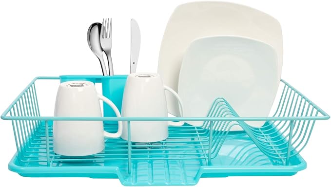 Sweet Home Collection Dish Rack Drainer 3 Piece Set with Drying Board and Utensil Holder, 5"D x 12"W x 17"H, Turquoise