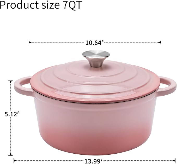 7-QT Enameled Cast Iron Round Dutch Oven With Lid,Oven safe,Pink | Large enameled cast iron Dutch oven,Retains moisture,PFAS-free,500°F,sourdough,braising/stews/roasting,Housewarming Gift