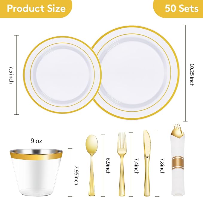 350 Piece Gold Plastic Dinnerware Set for 50 Guests | Disposable Dinnerware Includes: 50 Dinner Plates, 50 Dessert Plates, 50 Pre Rolled Napkins with Silverware, 50 Cups