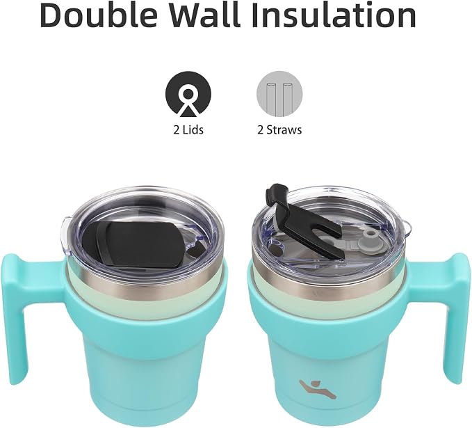 Konokyo 10 oz Tumbler with Handle and Straw, Insulated Travel Mug | Mint; BPA-free, leak-proof tumbler with 2 lids, 2 straws, cup holder fit for coffee, office, travel & daily use