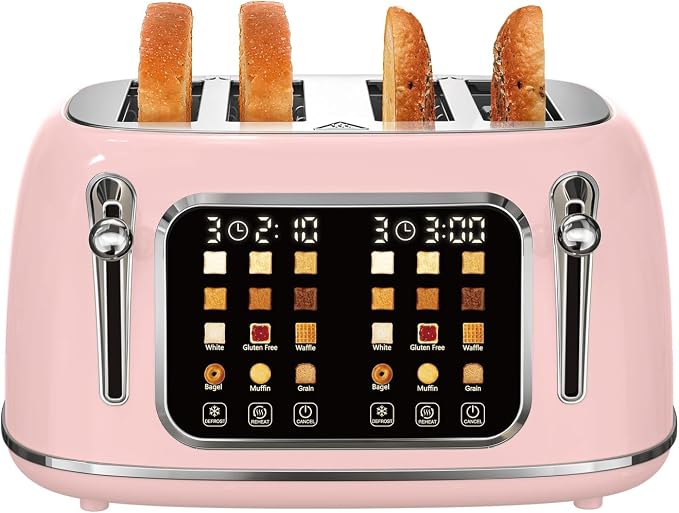 Mecity Toaster 4 Slice, Touch Screen Wide Slot Retro Toaster For Breads Bagel Muffin Waffle, House Warming Gift New Home, 120V 1650W, Pink Color