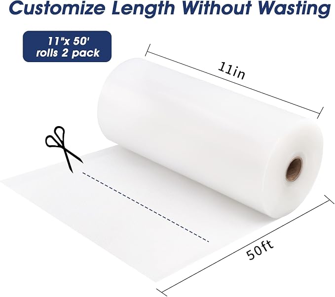 Vacuum Sealer Bags 2 Rolls 11"x50' Commercial Grade Food Saver Bags Rolls for Seal a Meal, BPA Free, Heavy Duty, Great for vac Storage, Meal Prep or Sous Vide