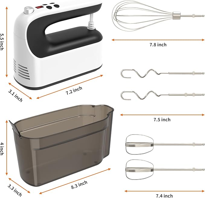 Yomelo 9-Speed Digital Hand Mixer Electric, 400W Powerful DC Motor, Hand Mixer Electric Handheld with Snap-On Storage Case, 5 Stainless Steel Accessories, Beaters, Dough Hooks, Whisk(White/Black)