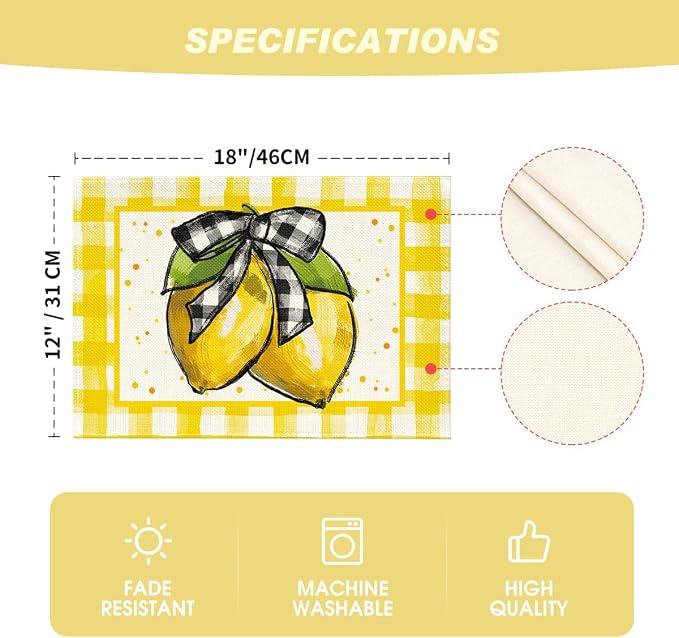 Artoid Mode Yellow Buffalo Plaid Lemon Placemats for Dining Table, 12 x 18 Inch Summer Seasonal Decoration Rustic Washable Table Mats Set of 4