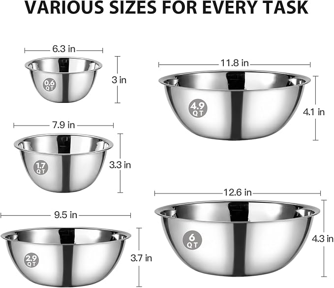 Stainless Steel Mixing Bowls Set of 5, 0.6 to 6 QT | Heavy Duty Nesting Metal Bowls, 0.6, 1.7, 2.9, 4.9, 6 QT, Flat Base, For Baking, Cooking, Salad Mixing & Bread Dough Kneading