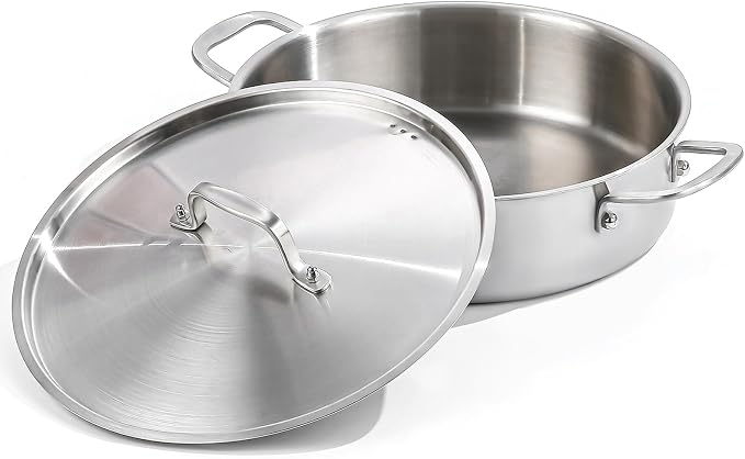 DELARLO 8QT Saute Pan Jumbo Cooker Tri-Ply Stainless Steel Pan | 13 Inch Deep Frying Pan with Steel cover, Kitchen Large Skillet, Heavy Duty Style Compatible with All Cooktops Up to 650℉