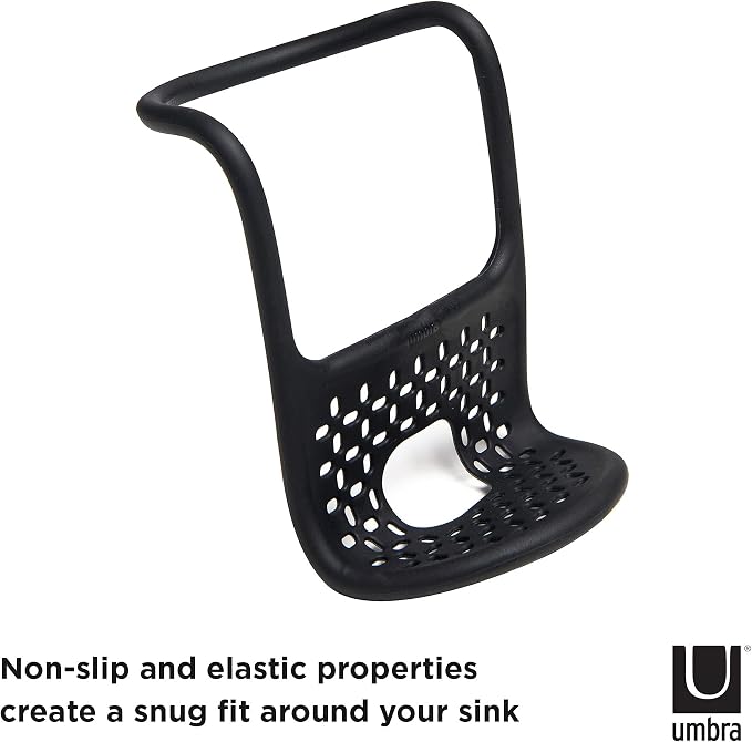 Umbra Sling Flexible Sink Caddy, Elastic Non-Slip Sponge Holder, Black | Rubber material, perforated base for drainage, prevents moisture buildup, fits faucet necks, easy rinse clean