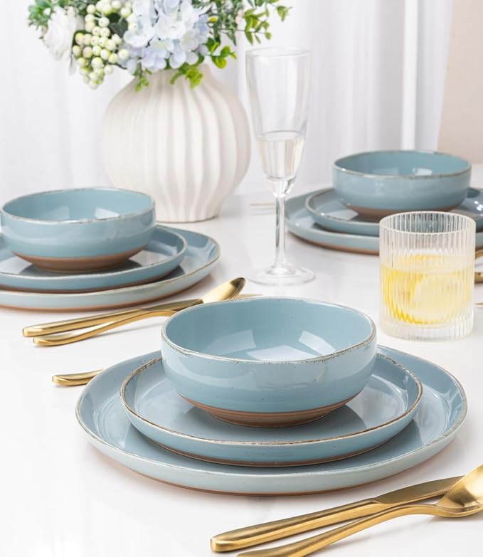 AmorArc Dinnerware Sets for 4, 12 Pieces Ceramic Plates and Bowls Set | Scratch Resistant Stoneware Dishes Set, Dishwasher & Microwave Safe, Stone Blue