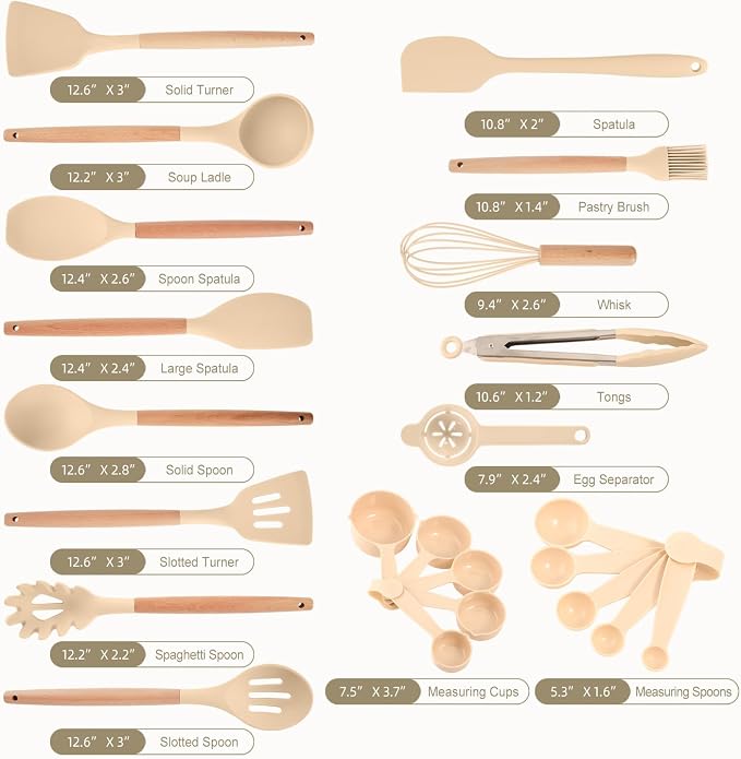 Kitchen Utensils Set - 34 PCS Non-Stick Silicone Cooking Utensils Set Spatula Set with Holder, Wooden Handle Spoon,Brush,Whisk Kitchen Gadgets Tools Set for Nonstick Cookware (Khaki-34P)