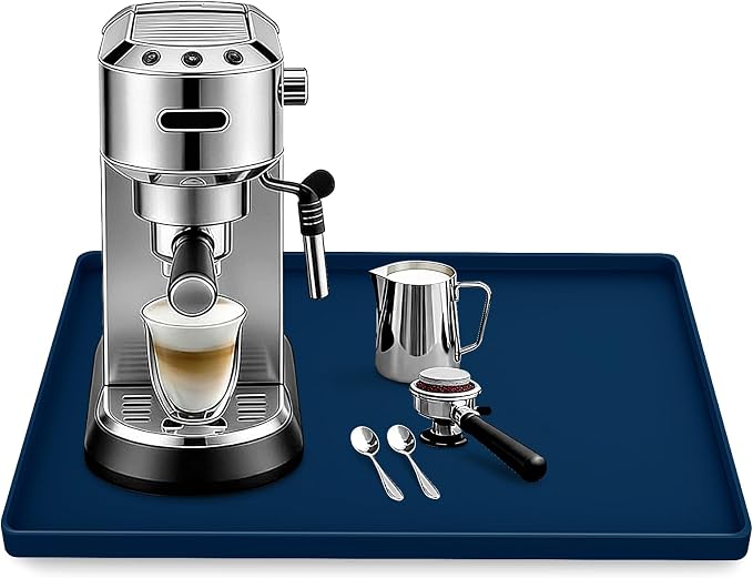 Silicone Coffee Maker Mat with Lip for Countertops, 15.7''x11.8'' Navy Blue | Multi leak-proof coffee tray for countertop, non-slip silicone mat fits most coffee makers & espresso machines, wipe-clean