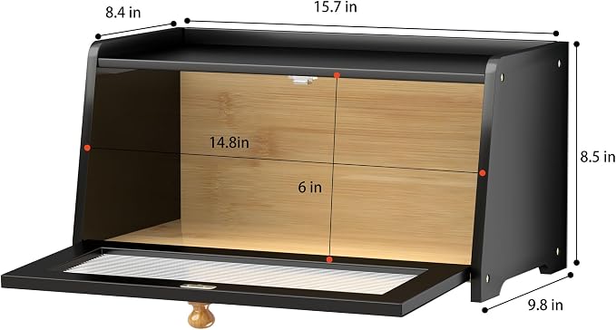 Bread Box for Kitchen Countertop, Vintage Wooden Counter Breadbox, Bamboo Bread Storage Container Bin for Homemade Bread, Small Farmhouse Corner Breadbox Organizer with Acrylic Window, Black