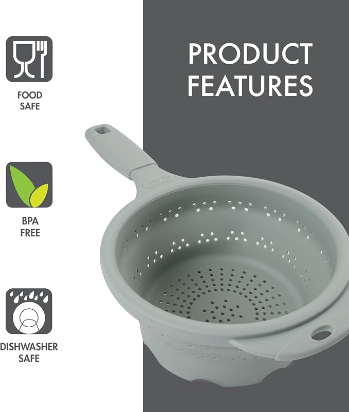 Dexas 8" Collapsible Silicone Strainer in Sage, Kitchen Strainer with Handles, 7.2 Cup Capacity | BPA-Free, Heat-Resistant, Space-Saving Kitchen Tool