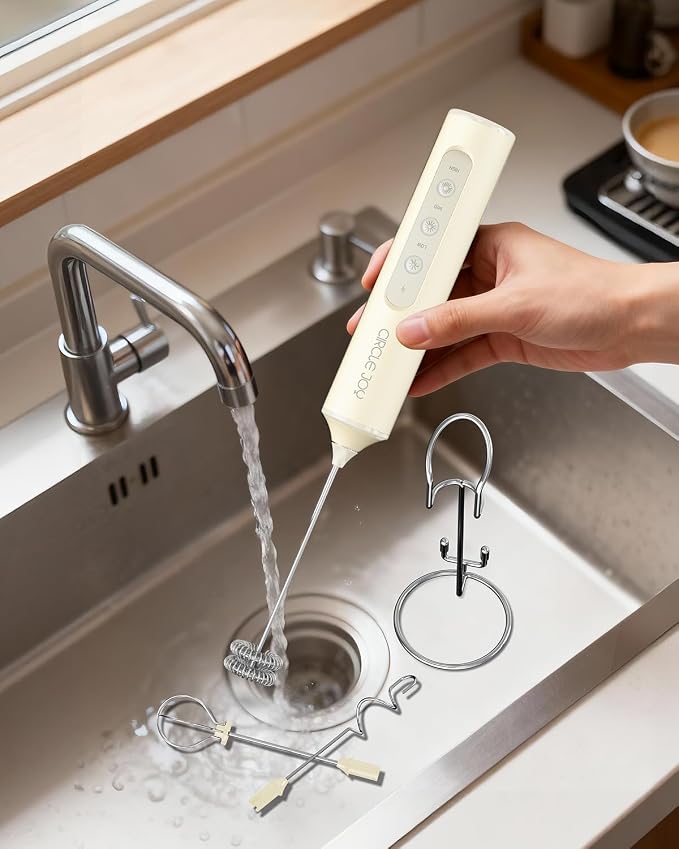 CIRCLE JOY Rechargeable Handheld Milk Frother Wand with Stand, 3 Variable Speeds, 3 Whisks and Storage Box, Electric Drink Mixer for Latte, Cappuccino, Hot Chocolate, Eggs and Protein Powder, Beige