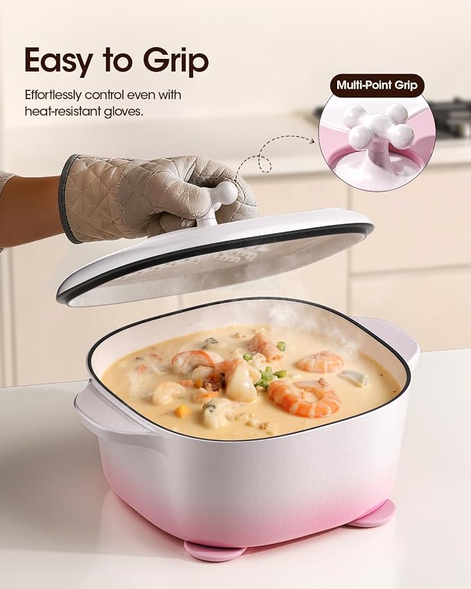 5 Qt Enameled Cast Iron Dutch Oven with Lid, Cream Pink White | 6-Layer Nonstick Enamel, Extra Capacity Oval Design, Heavy Self-Basting Lid, Heat-Resistant Silicone Pad Included