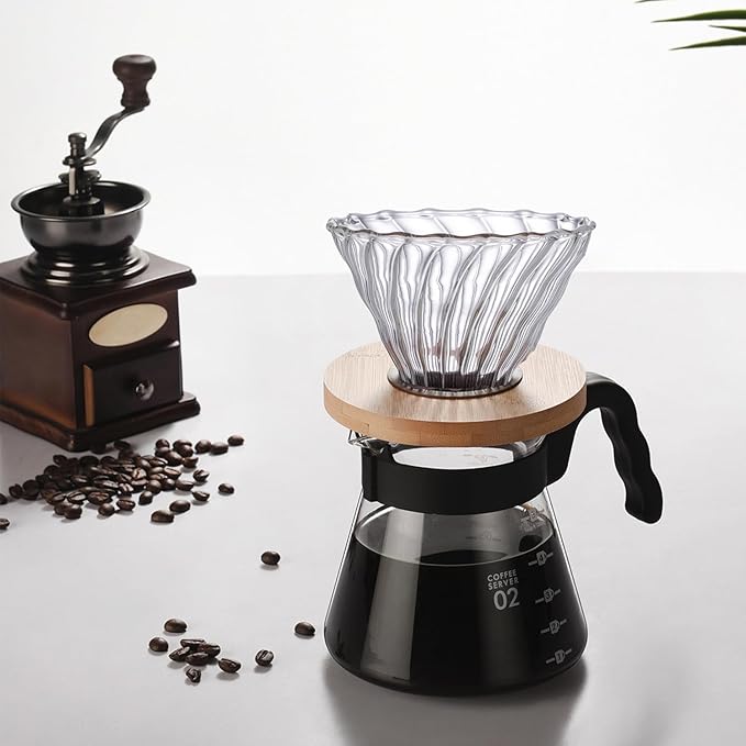 Gute Glass Pour Over Coffee Dripper with Bamboo Stand,1-4 Cups | Spiral Inner Design,Heatproof Glass,Detachable Base,Quick Rinse Clean,Fits Mugs & Carafes,Home Office,Lightweight