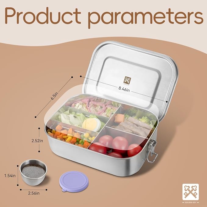 GOLDEN KEY 47oz Stainless Steel Lunch Box for Adults or Kids,1400ml Large & Thickened Metal Lunch Box with 5 Compartments,Eco-friendly Leak-Proof Container with Lockable Clips