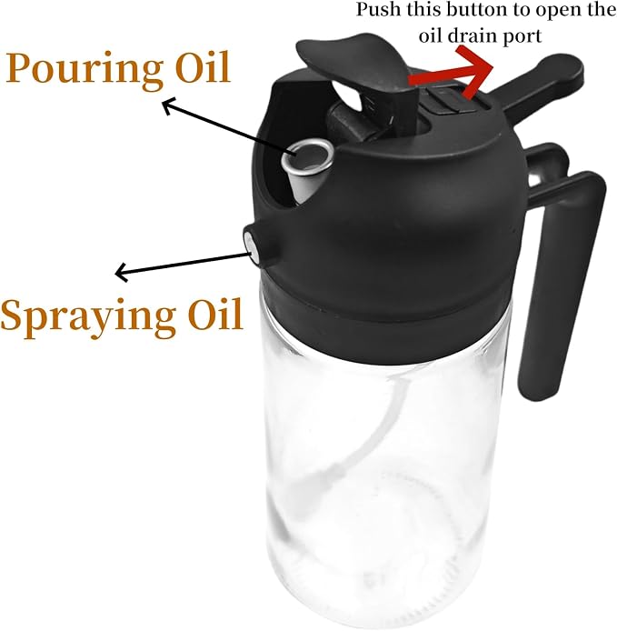 ZHIYE Oil Spray Bottle for Cooking, 16oz/470ML 2 in 1 Olive Oil Dispenser Sprayer for Kitchen Premium Clear Glass Oil Bottle for Cooking, Air Fryer, BBQ, Salad, Black