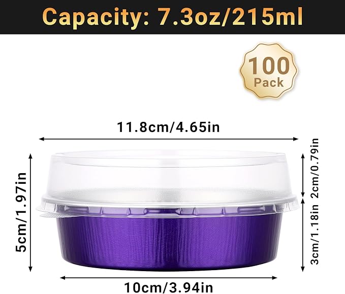 Beasea Mini Ramekins with Lids, 100 Pack 7.3oz Disposable Aluminum Tart Pie Baking Tins Pans, 4 Inch Small Individual Cheesecake Tart Containers Oven Baking Dishes for Party - Violet Purple