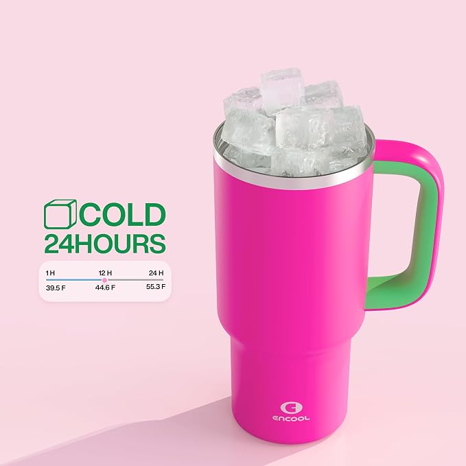 ENCOOL 32 oz Tumbler with Handle and Straw: Stainless Steel Insulated Tumbler Keeps Cold for 24 Hours, Leakproof Travel Cup Fits in Cup Holder and BPA-Free,Knockout Pink