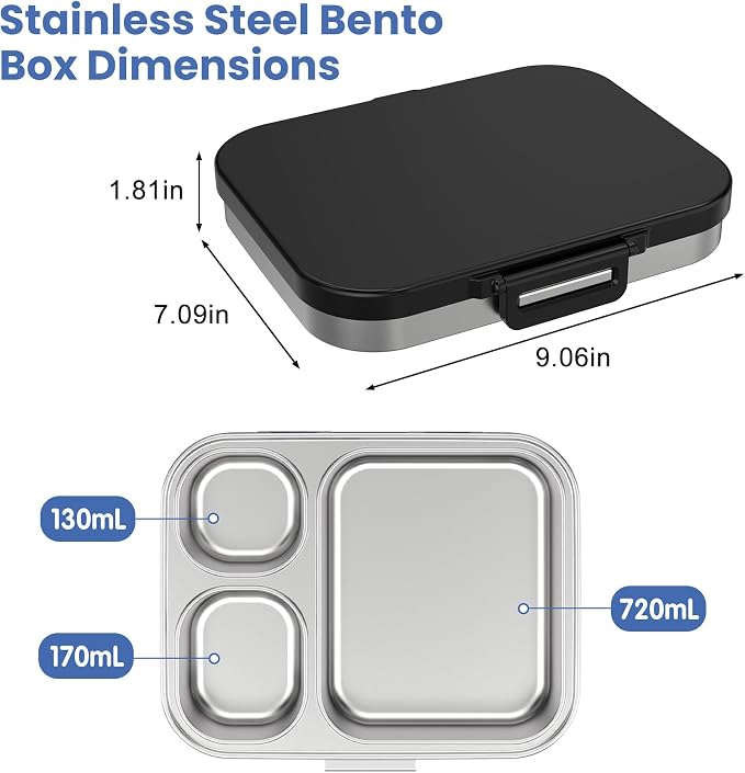 Pawtong Stainless Steel Bento Lunch Box for Kids | 3-Compartment Lunch Box Container Kids | 100% Leakproof, Eco-Friendly, Perfect Portion Control for Kids&Adult Healthy Meals (Black)